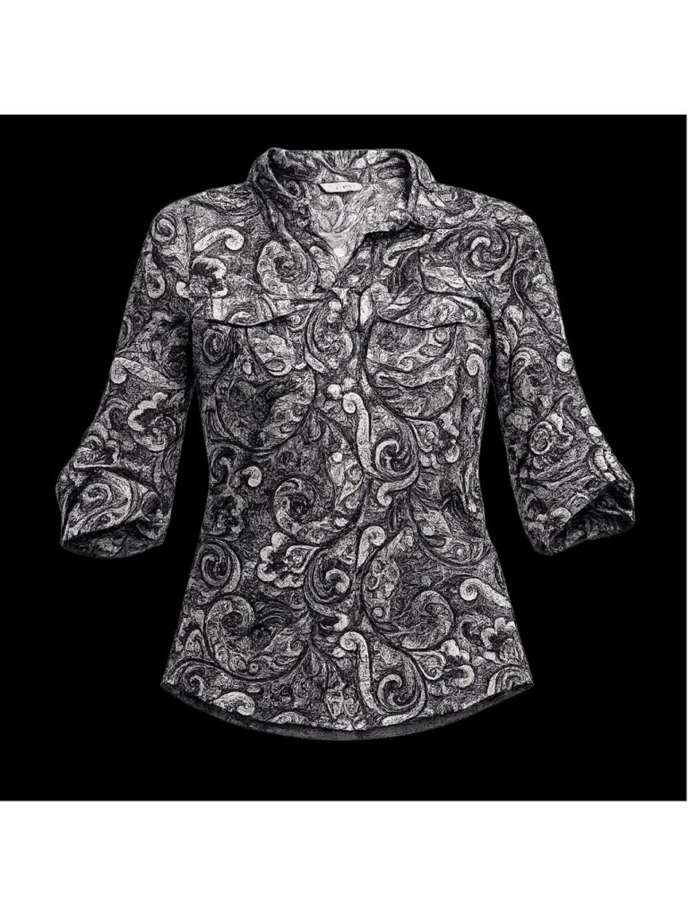 Women's EMILY DANIELS Blouse M Black White Paisley 3/4 Sleeve